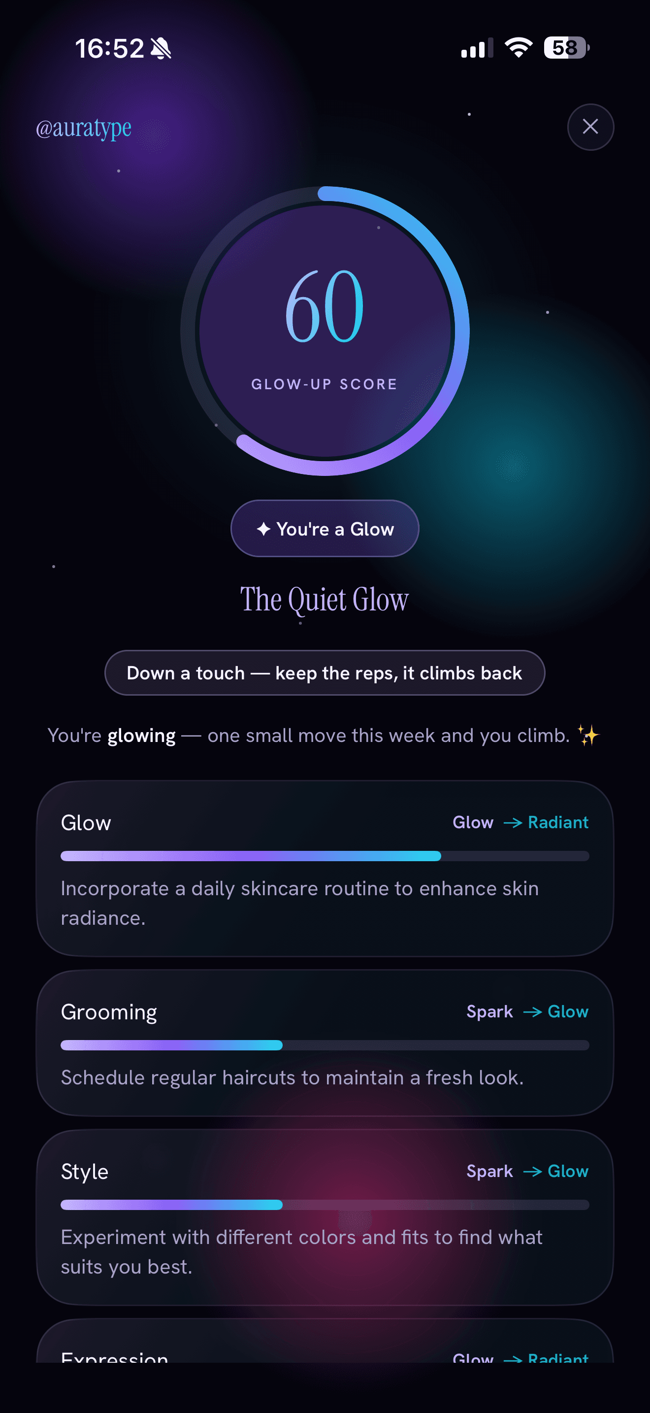 Auratype app: Glow-Up Score with trait bands and practical actions