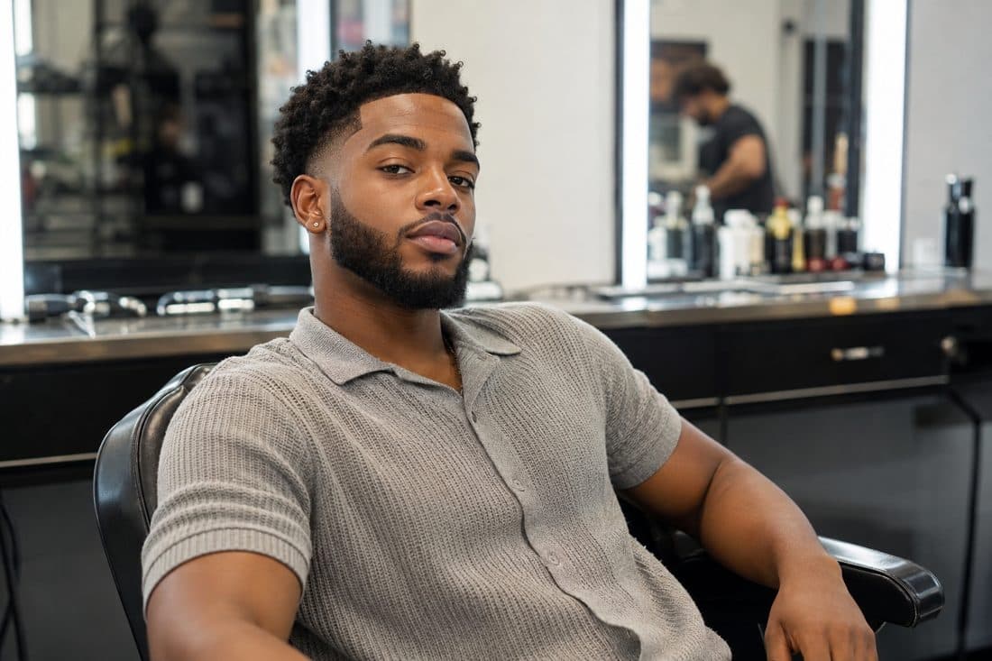 Illustrative adult with neatly groomed hair in a barber shop
